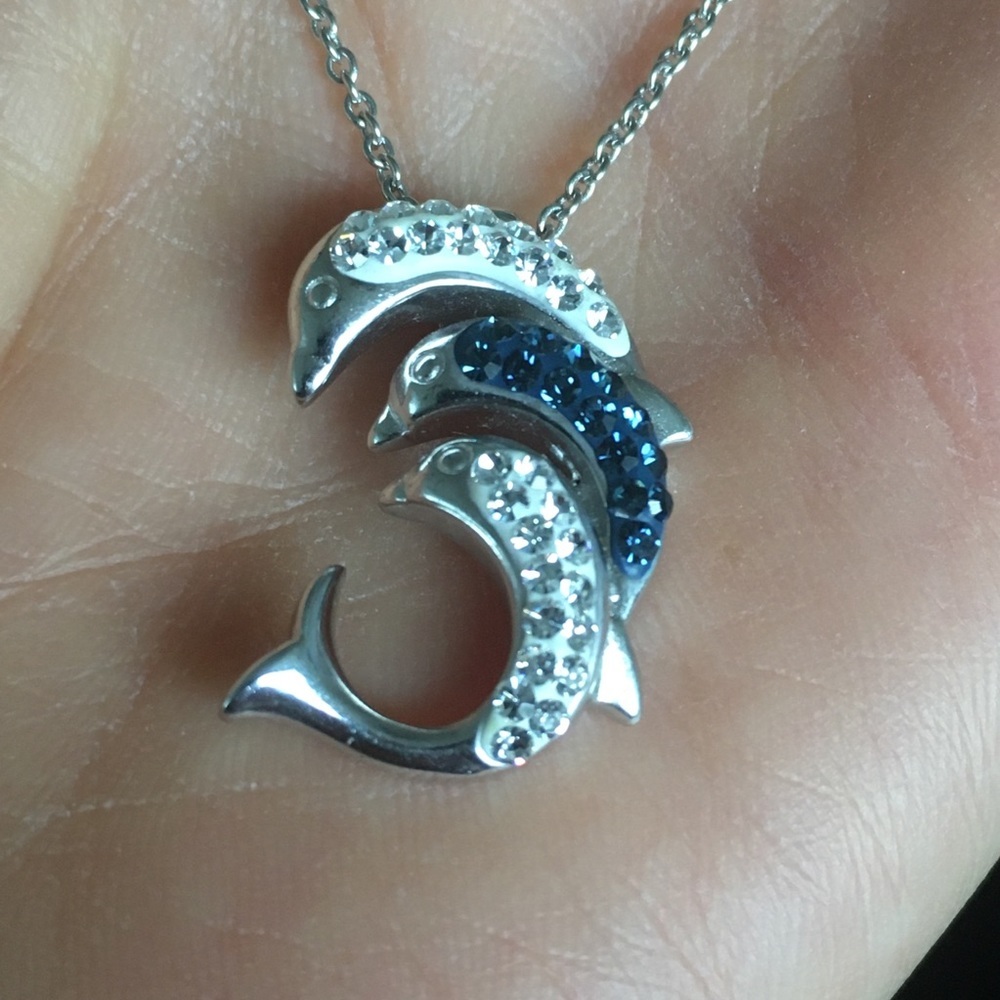 Silver Tone Rhinestone Crystal Dolphin Necklace